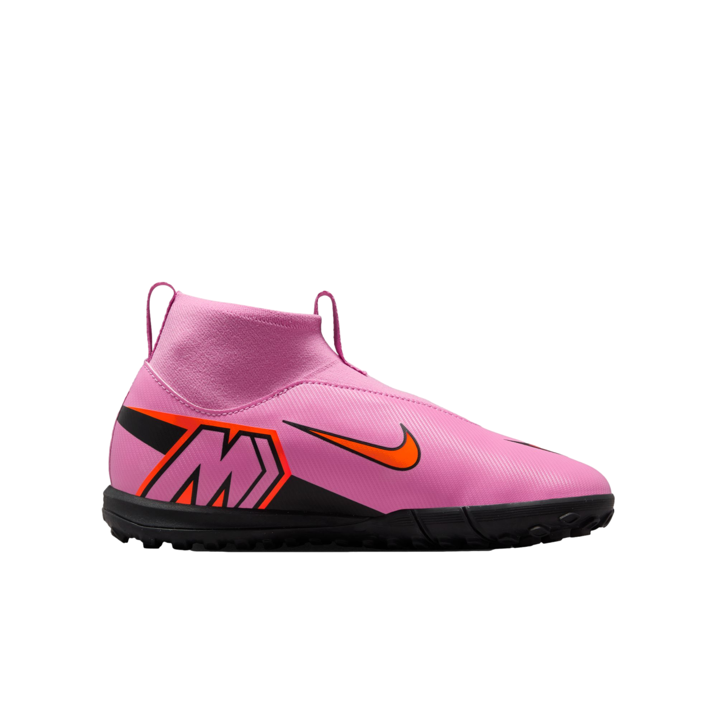 A pink Nike Mercurial high-top soccer cleat with an orange swoosh and stylized 'M' logo, shown from a side profile against a solid black background.