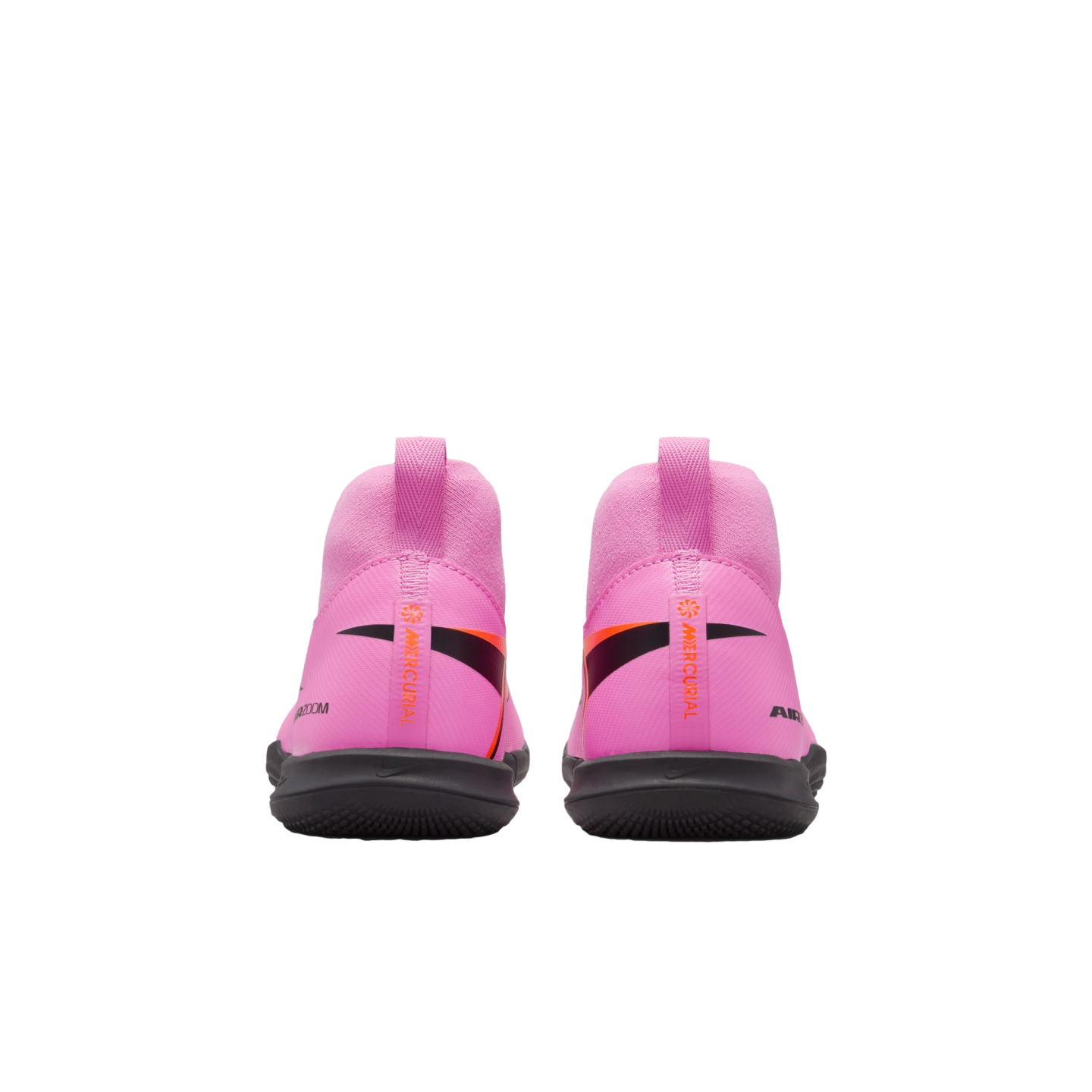Rear view of pink Nike Mercurial soccer shoes with high-top ankle collars and black outsoles.