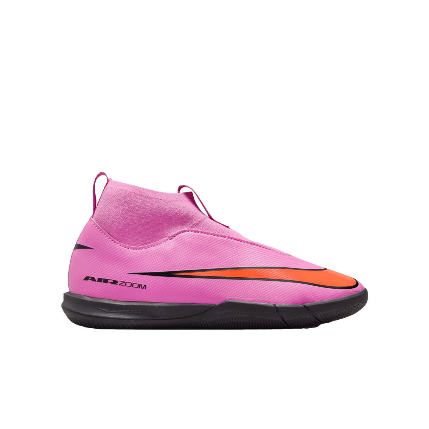 Side view of a bright pink Nike Air Zoom indoor soccer shoe with an orange and black swoosh and black sole, isolated on a black background.