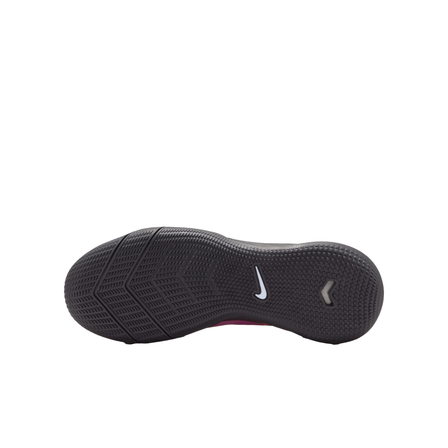 Bottom sole of a black Nike athletic shoe with intricate traction patterns and a white swoosh logo, set against a solid black background.