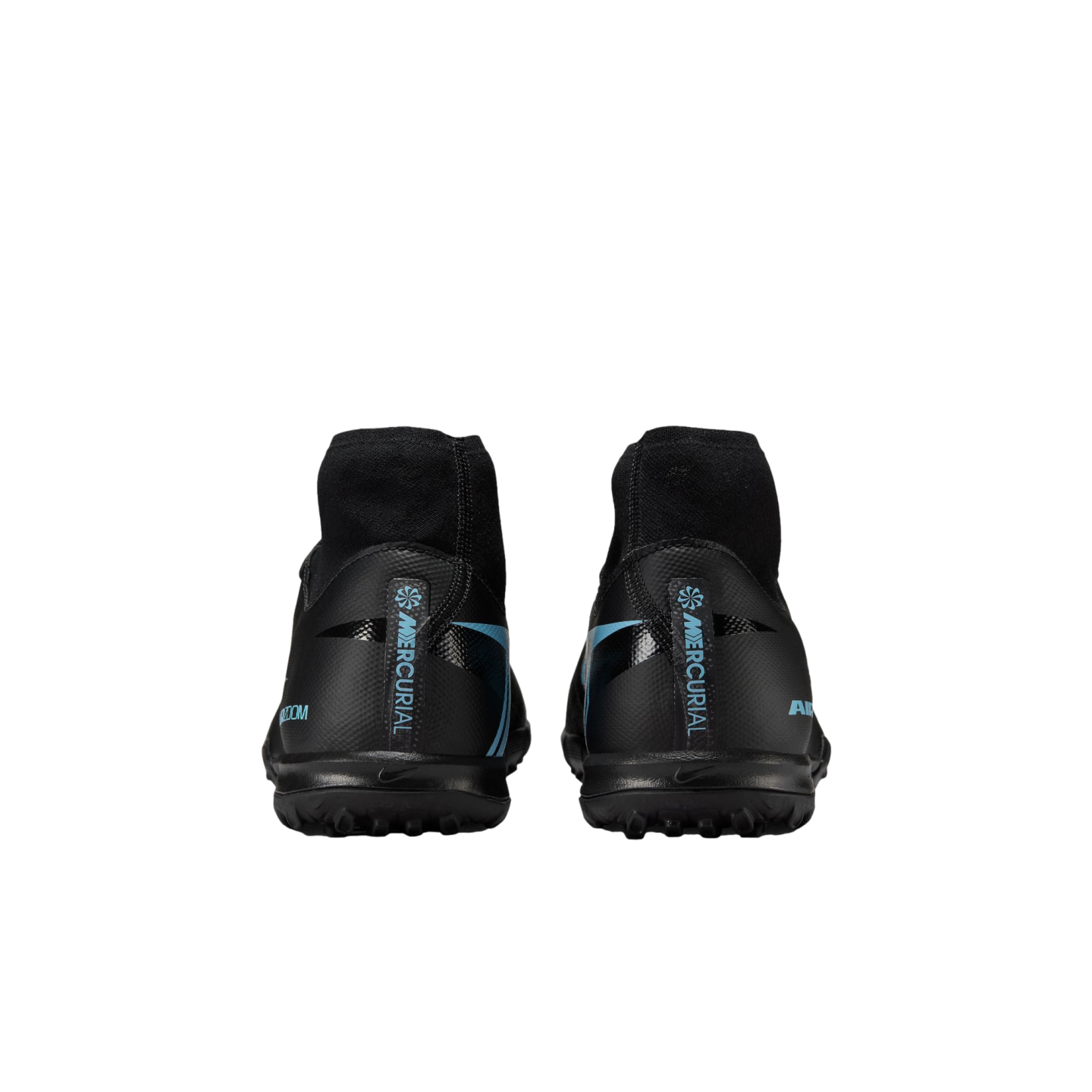 Rear view of black Nike Mercurial high-top soccer cleats with light blue accents and "MERCURIAL" printed vertically on the heel pull tabs.