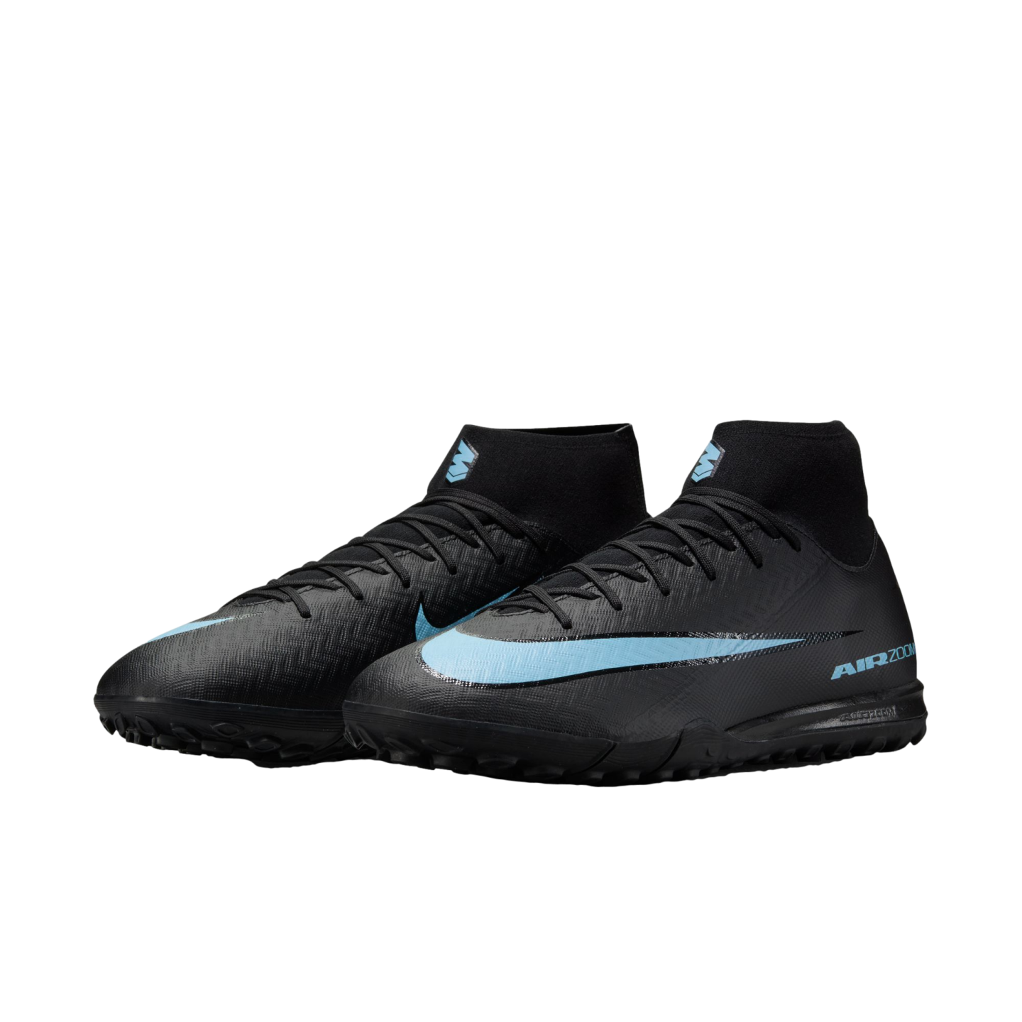 A pair of black Nike Mercurial Air Zoom turf soccer shoes with light blue swooshes and high-top sock collars, set against a black background.