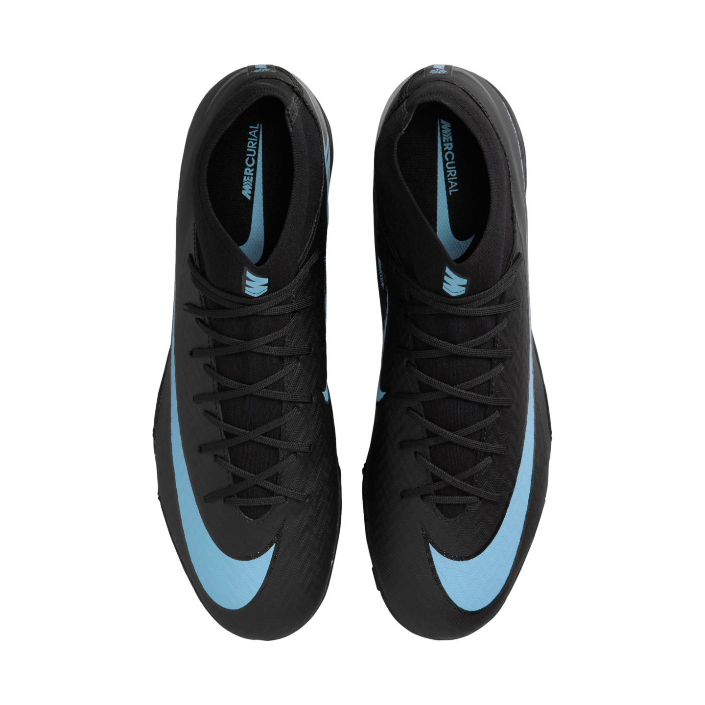 Top-down view of a pair of black Nike Mercurial soccer cleats with light blue swooshes.