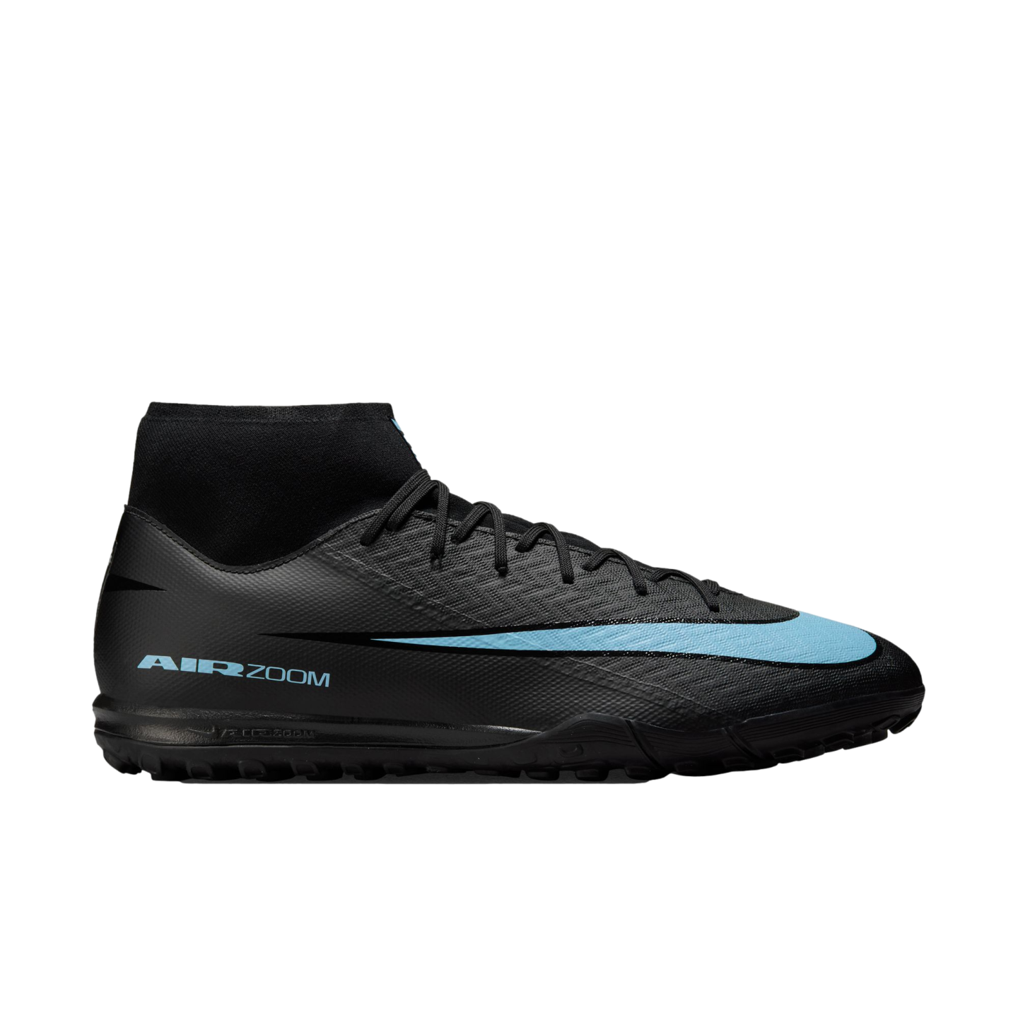 Side profile of a black Nike soccer cleat with light blue accents. It features a high-top ankle collar, textured upper, and "AIR ZOOM" branding on the heel.