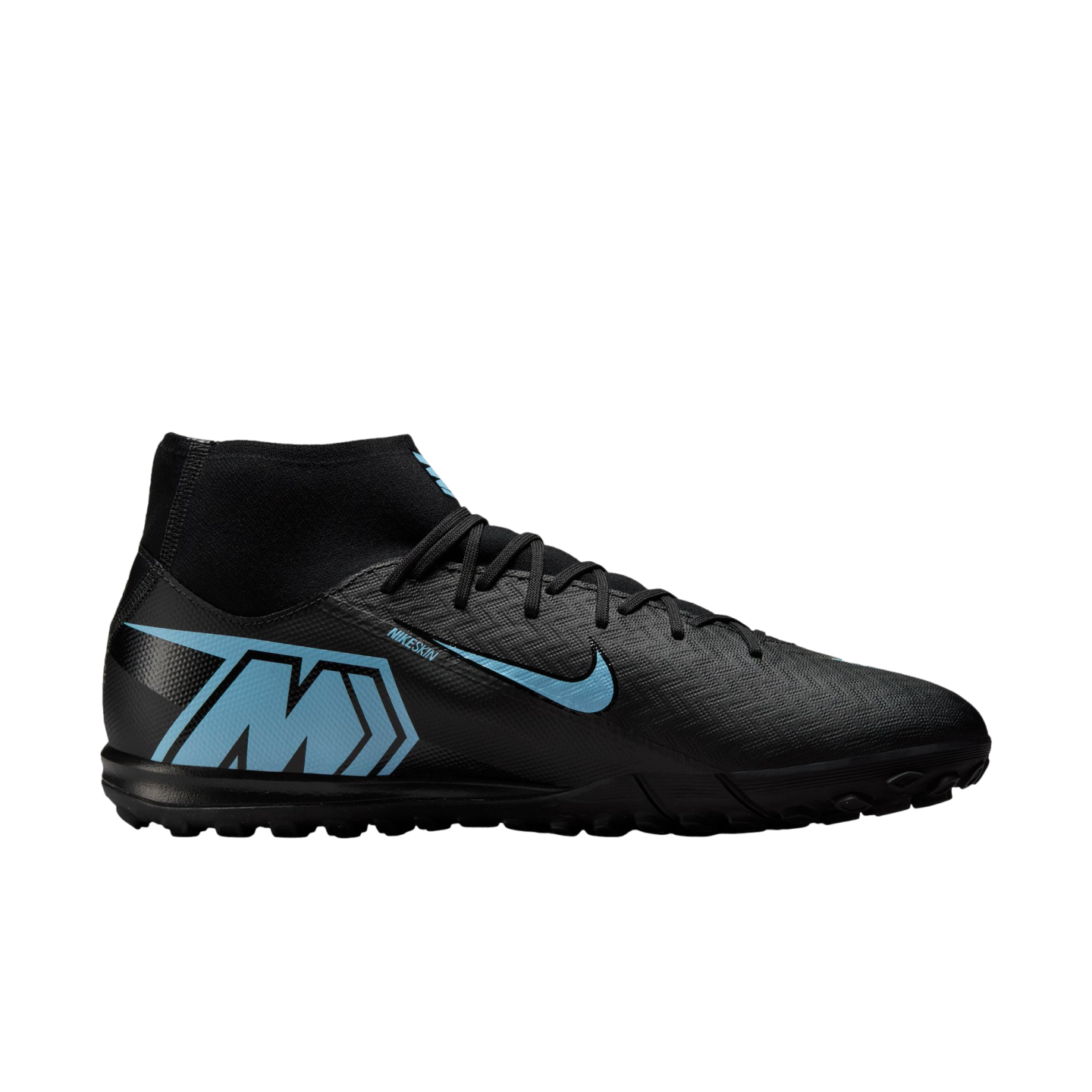 Black Nike Mercurial turf soccer shoe with light blue swoosh and "M" logo, shown from the side against a black background.