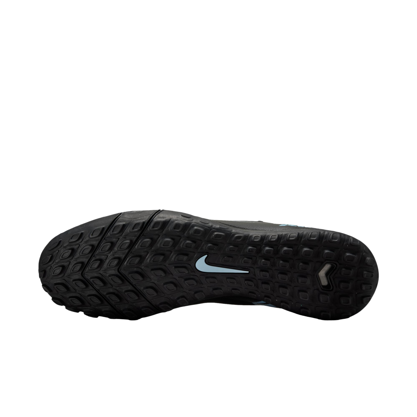 Bottom view of a black Nike shoe sole featuring a light blue swoosh logo and a dense pattern of small rubber studs for traction.