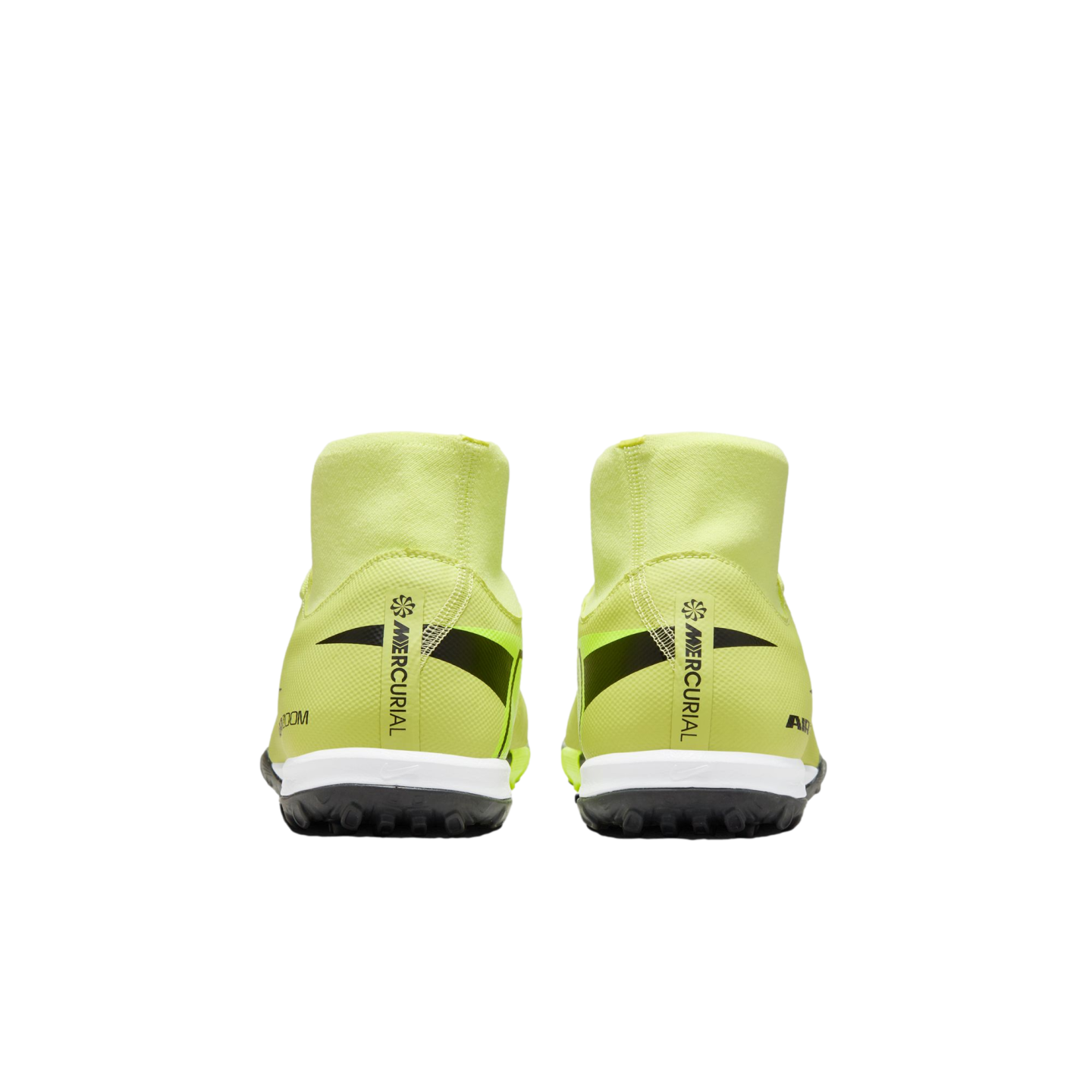 Rear view of neon yellow Nike Mercurial soccer shoes on a black background, featuring black branding on the heels, white midsoles, and black turf outsoles.