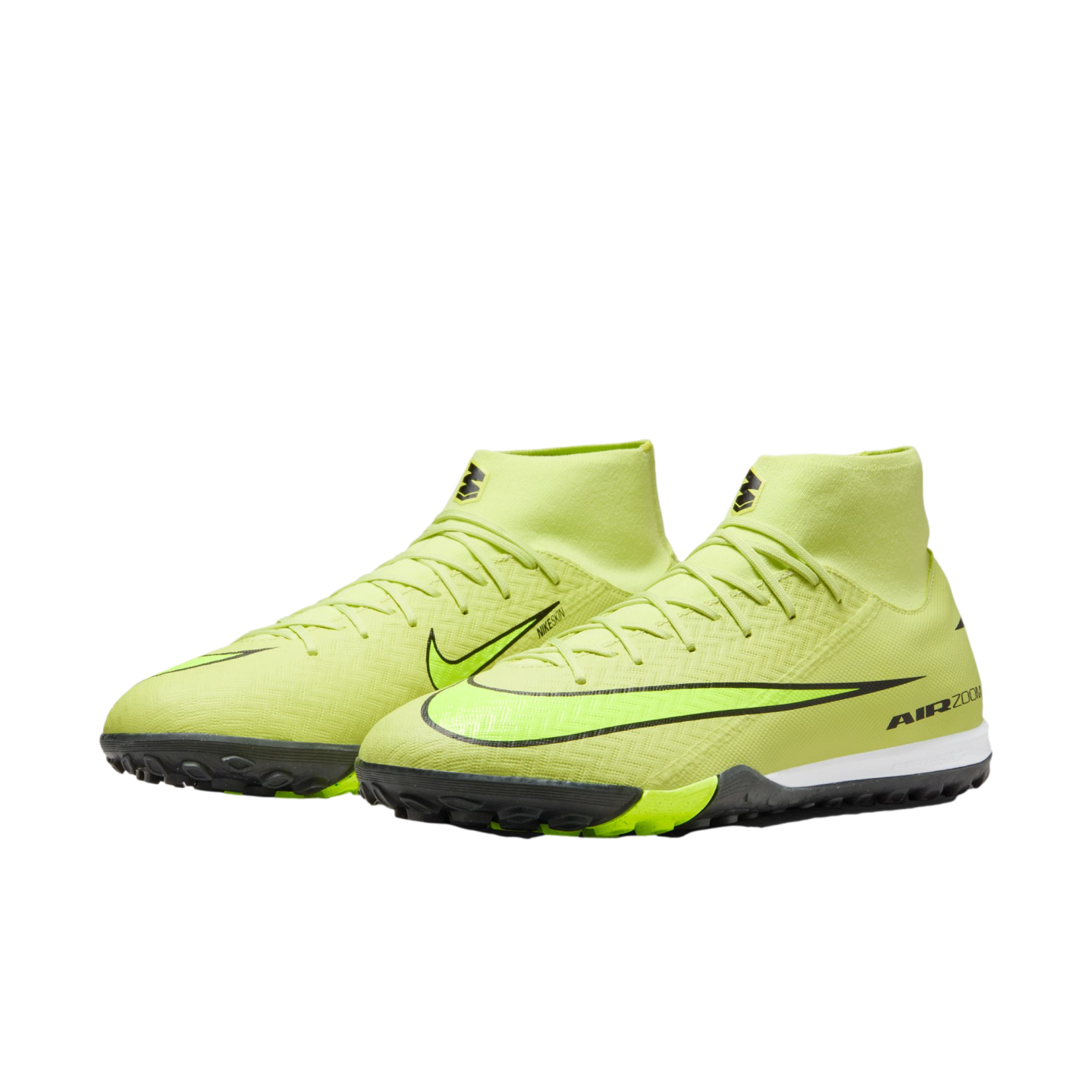 A pair of neon yellow Nike Air Zoom soccer shoes with black accents and a high-top collar, set against a black background.