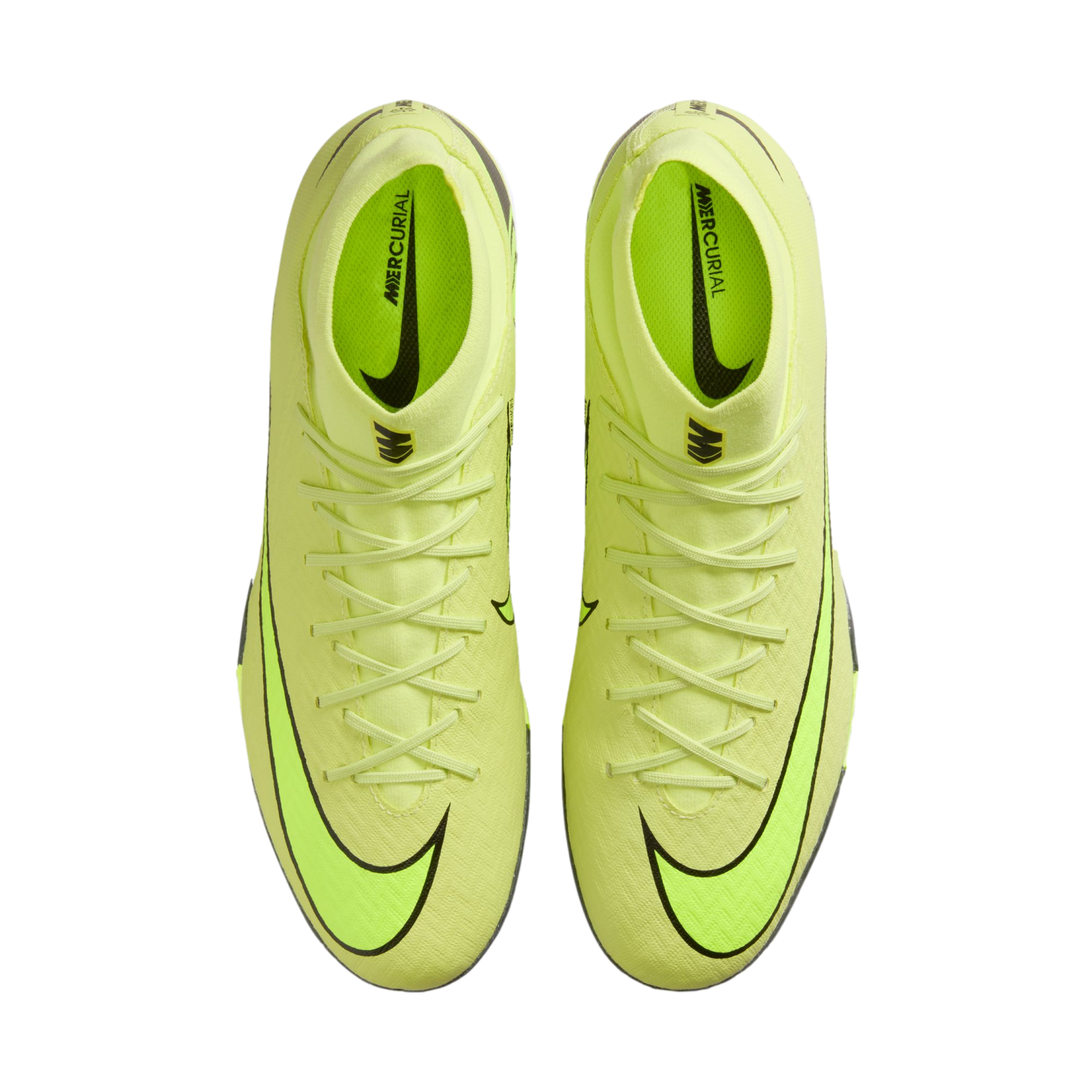 Top-down view of a pair of neon yellow Nike Mercurial soccer boots with black swooshes on a solid black background.