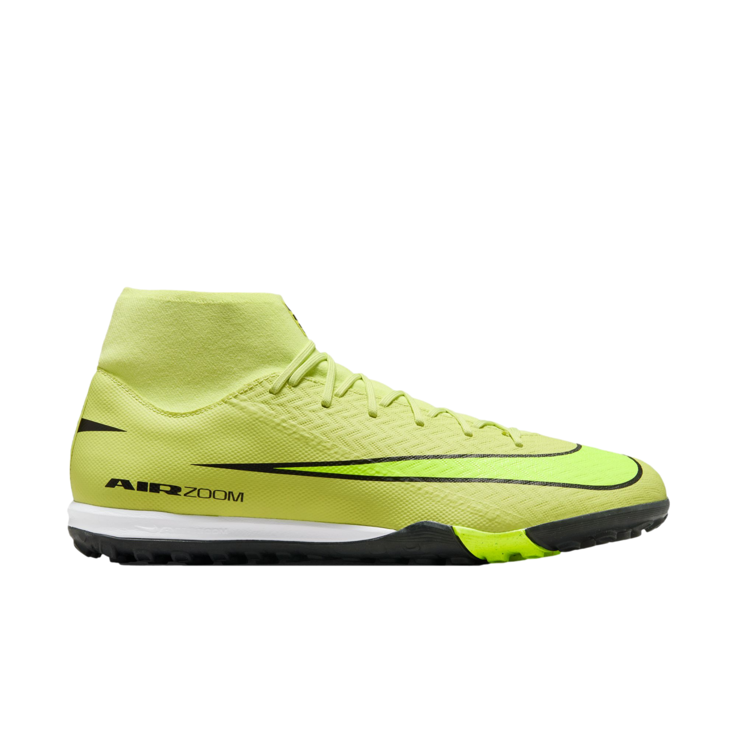 Neon yellow Nike high-top turf soccer shoe featuring a black swoosh and 'AIR ZOOM' text on the side.
