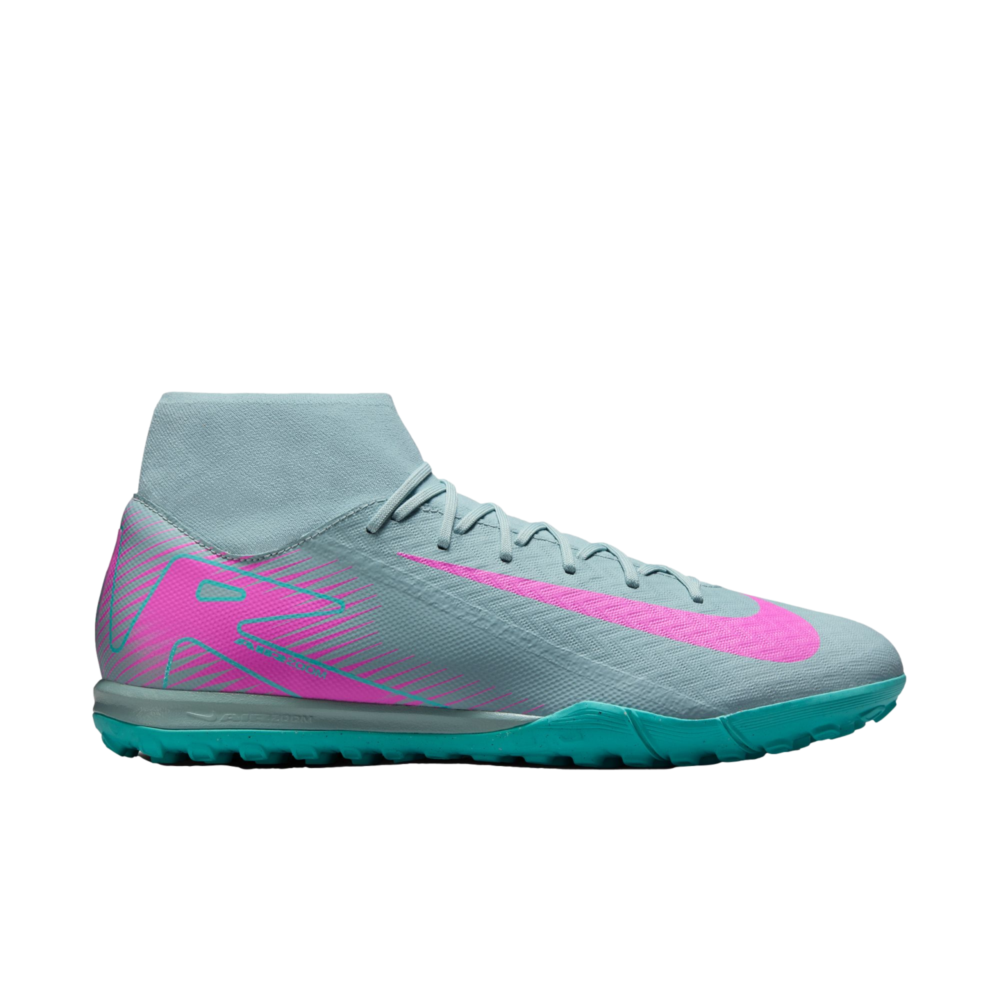 Nike high-top turf soccer shoe in grey with vibrant pink branding and a turquoise textured sole.