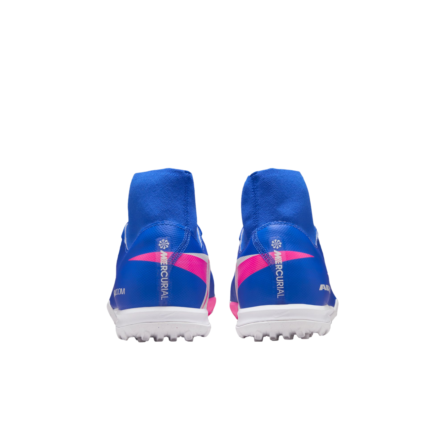 Rear view of blue and pink Nike Mercurial soccer cleats with white soles and blue ankle collars on a black background.