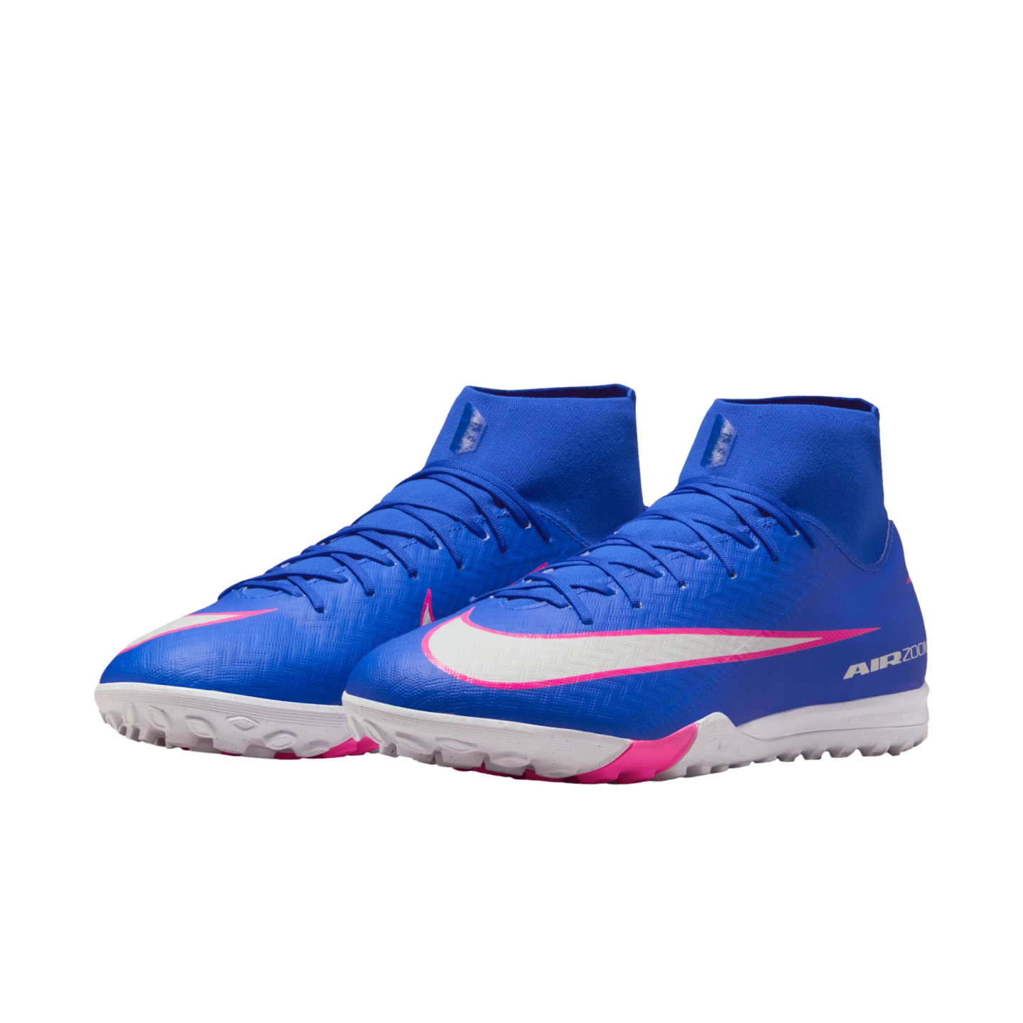 A pair of blue Nike Mercurial turf soccer shoes with a high-top collar, white swoosh outlined in pink, and textured outsoles, displayed against a black background.
