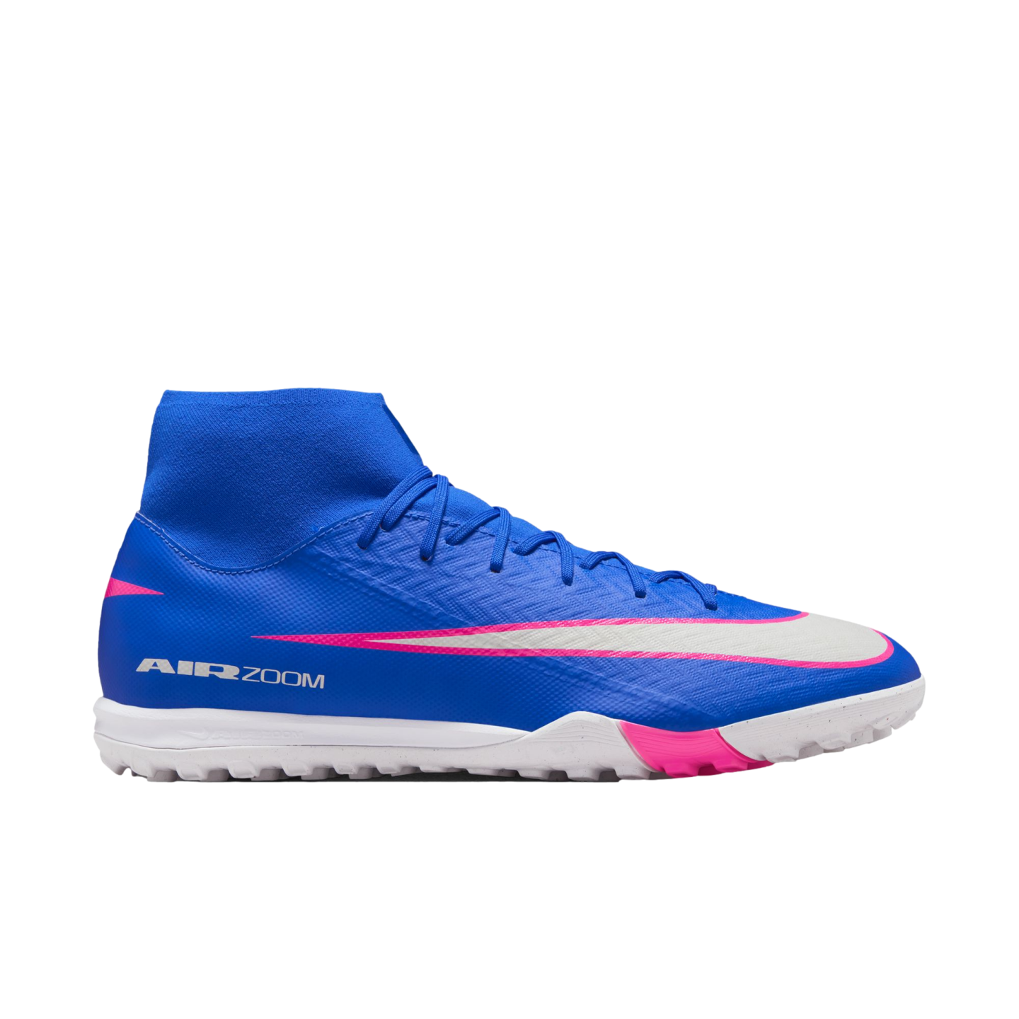 Blue Nike Air Zoom Mercurial soccer shoe with pink and white accents and a high-top collar, shown from the side against a black background.