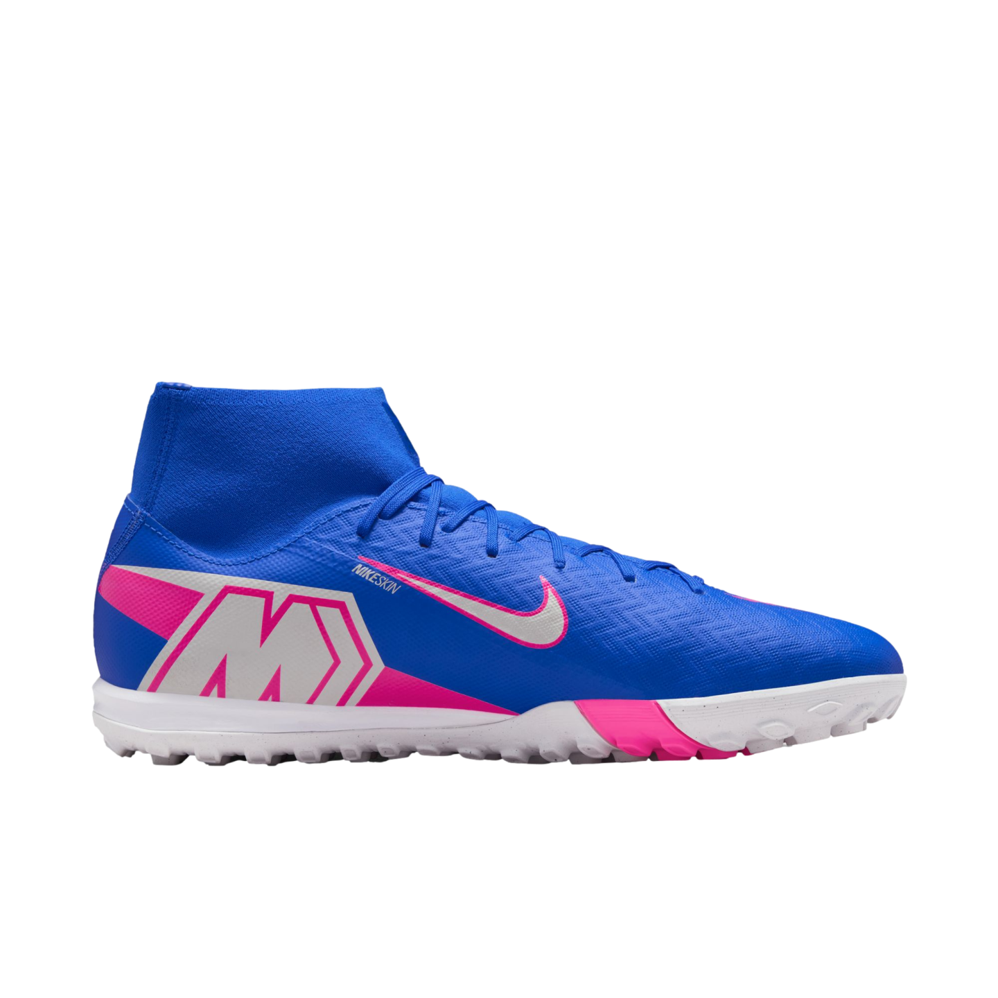 Side profile of a blue Nike Mercurial turf soccer shoe with pink accents, a silver "M" logo, high-top collar, and white lugged outsole.