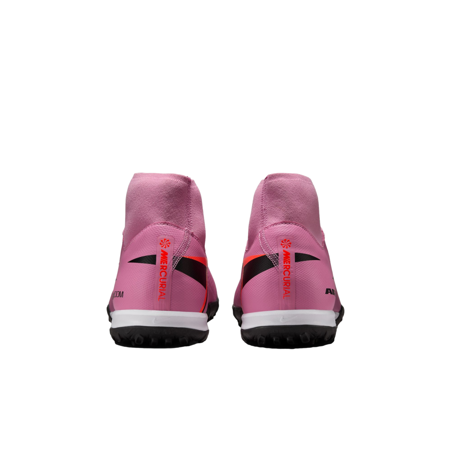 Rear view of pink Nike Mercurial soccer cleats with high-top collars and black and orange accents, shown against a solid black background.