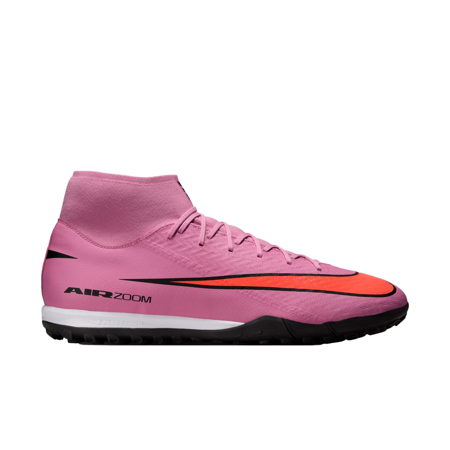 A pink Nike Air Zoom Mercurial soccer shoe with a large red swoosh, high-top collar, and black textured sole against a black background.