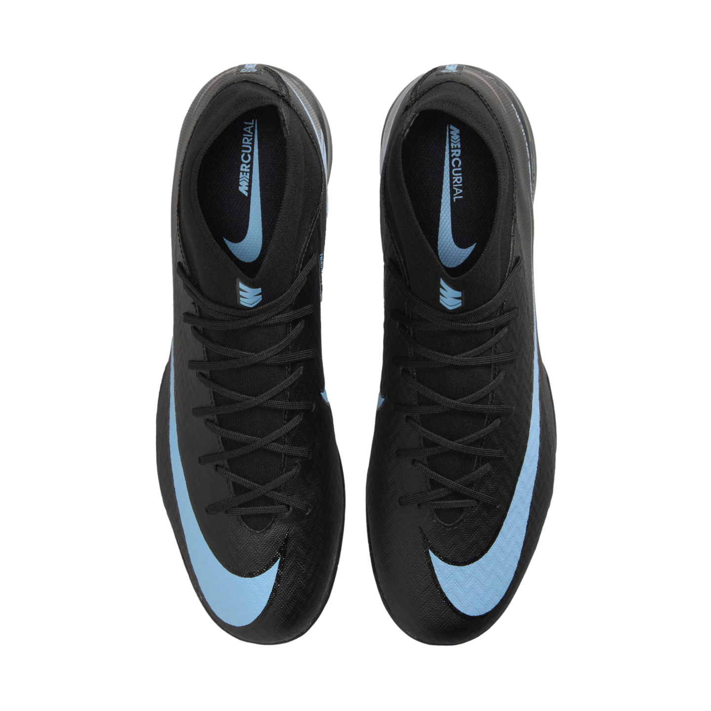 Top-down view of a pair of black Nike Mercurial soccer cleats with light blue swooshes and branding, set against a solid black background.