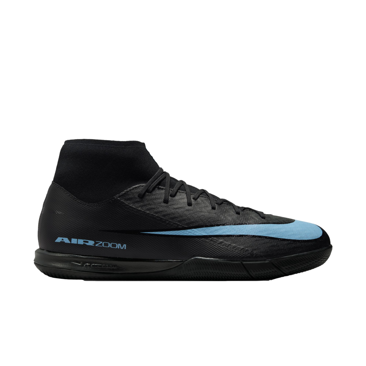A black Nike Air Zoom Mercurial soccer shoe with a light blue swoosh and a high-top ankle collar.