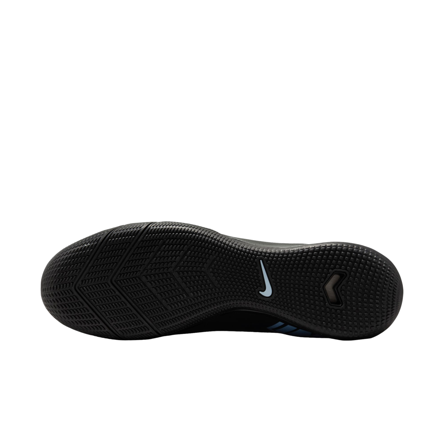 Bottom sole of a black Nike shoe with various textured grip patterns and a light blue swoosh logo in the center, displayed against a solid black background.