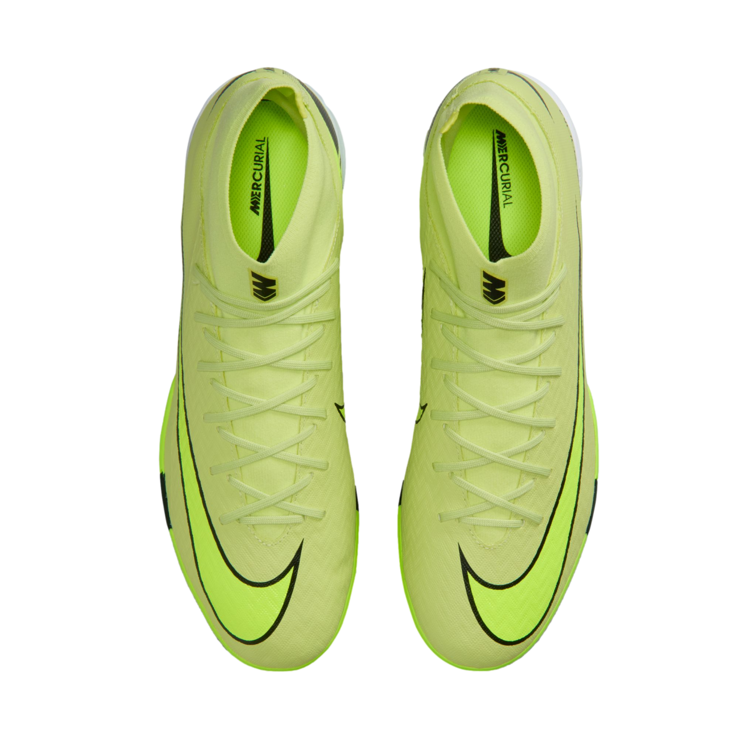 Top-down view of a pair of neon green Nike Mercurial soccer cleats with black swoosh logos and laces, set against a solid black background.
