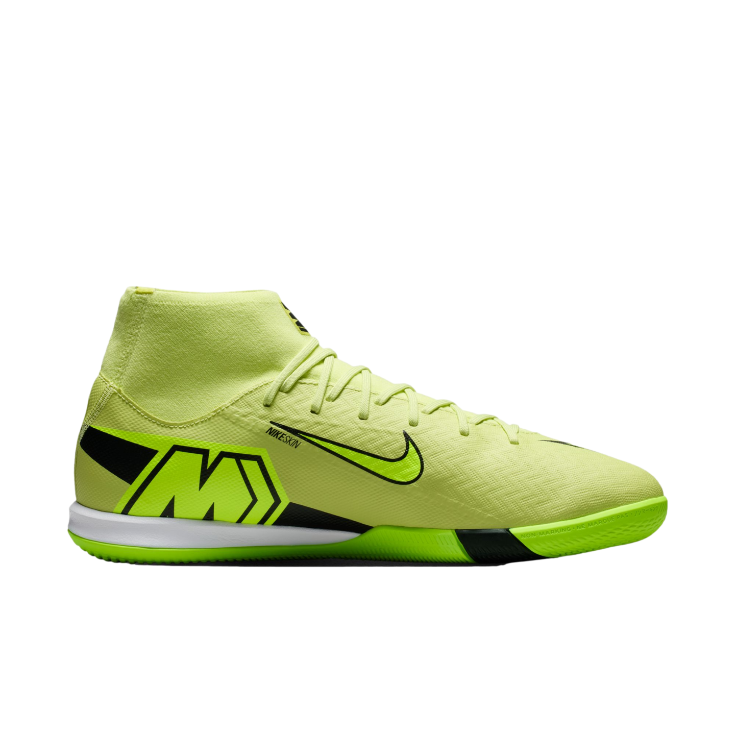 A neon yellow Nike Mercurial indoor soccer shoe with a high-top collar and black branding, shown in profile against a black background.