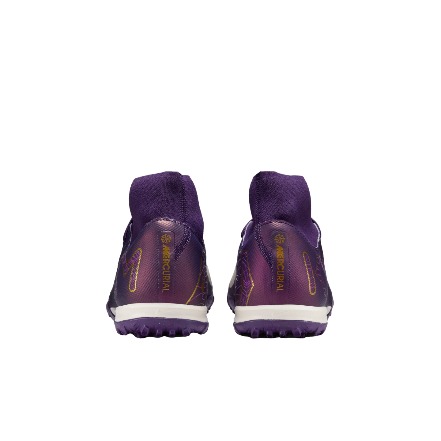 Rear view of purple Nike Mercurial soccer shoes with gold branding and iridescent heel panels, featuring a high sock-like collar and textured rubber soles.