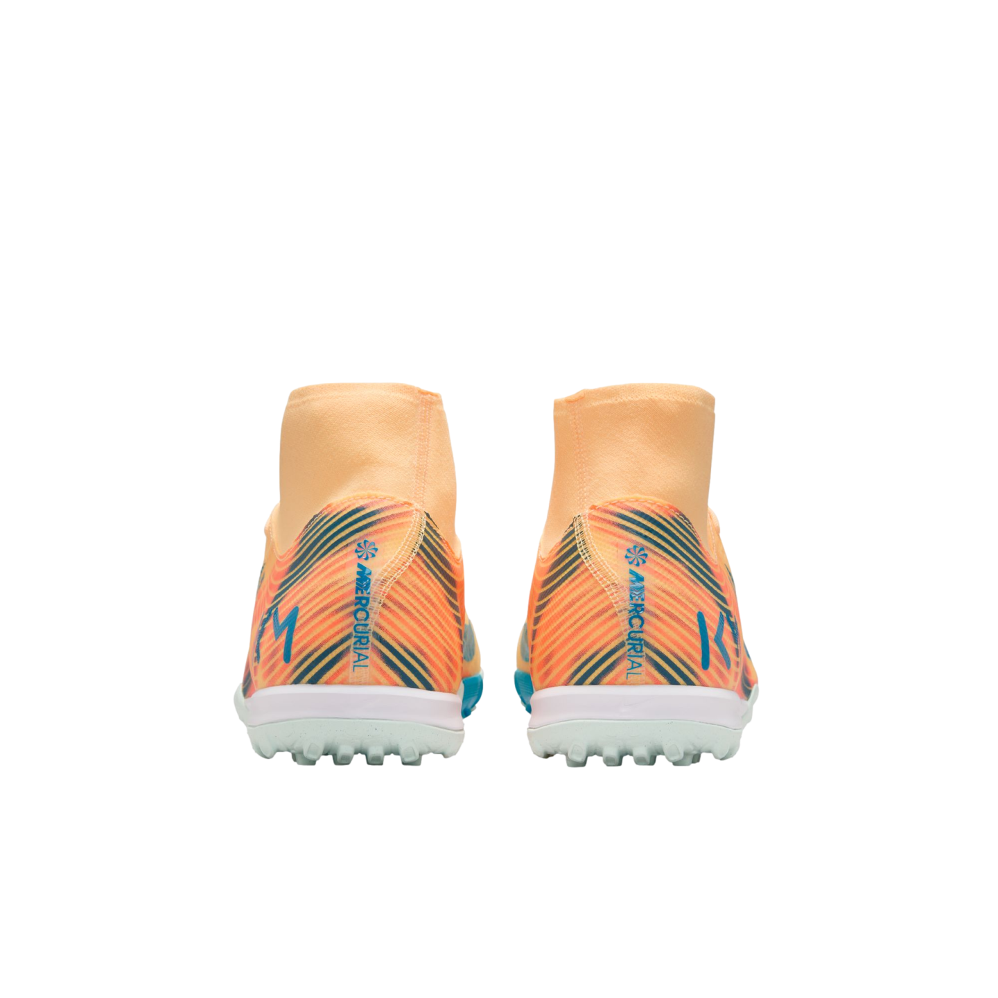 Rear view of orange and peach Nike Mercurial soccer shoes featuring a sock collar, blue accents, and white turf soles, set against a black background.