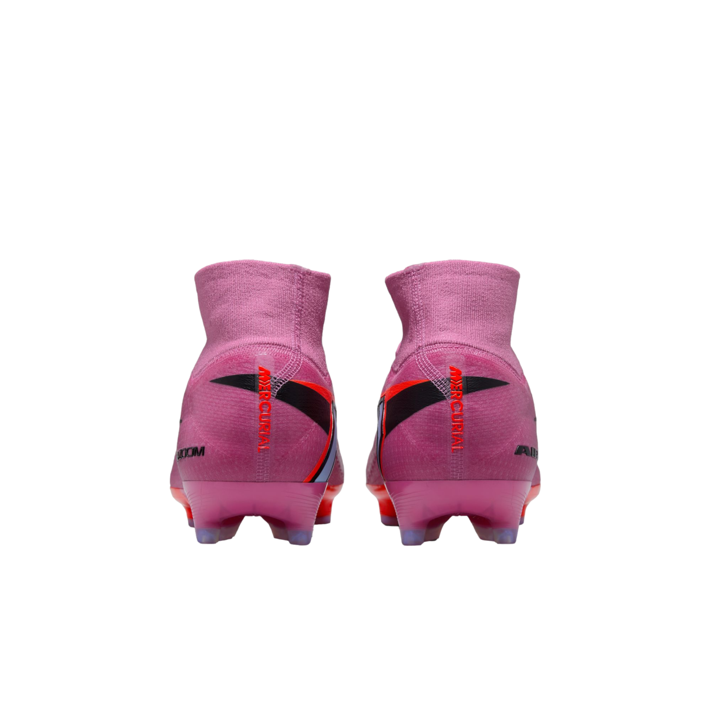 Rear view of two pink Nike Air Zoom Mercurial soccer cleats with red branding on the heels against a black background.