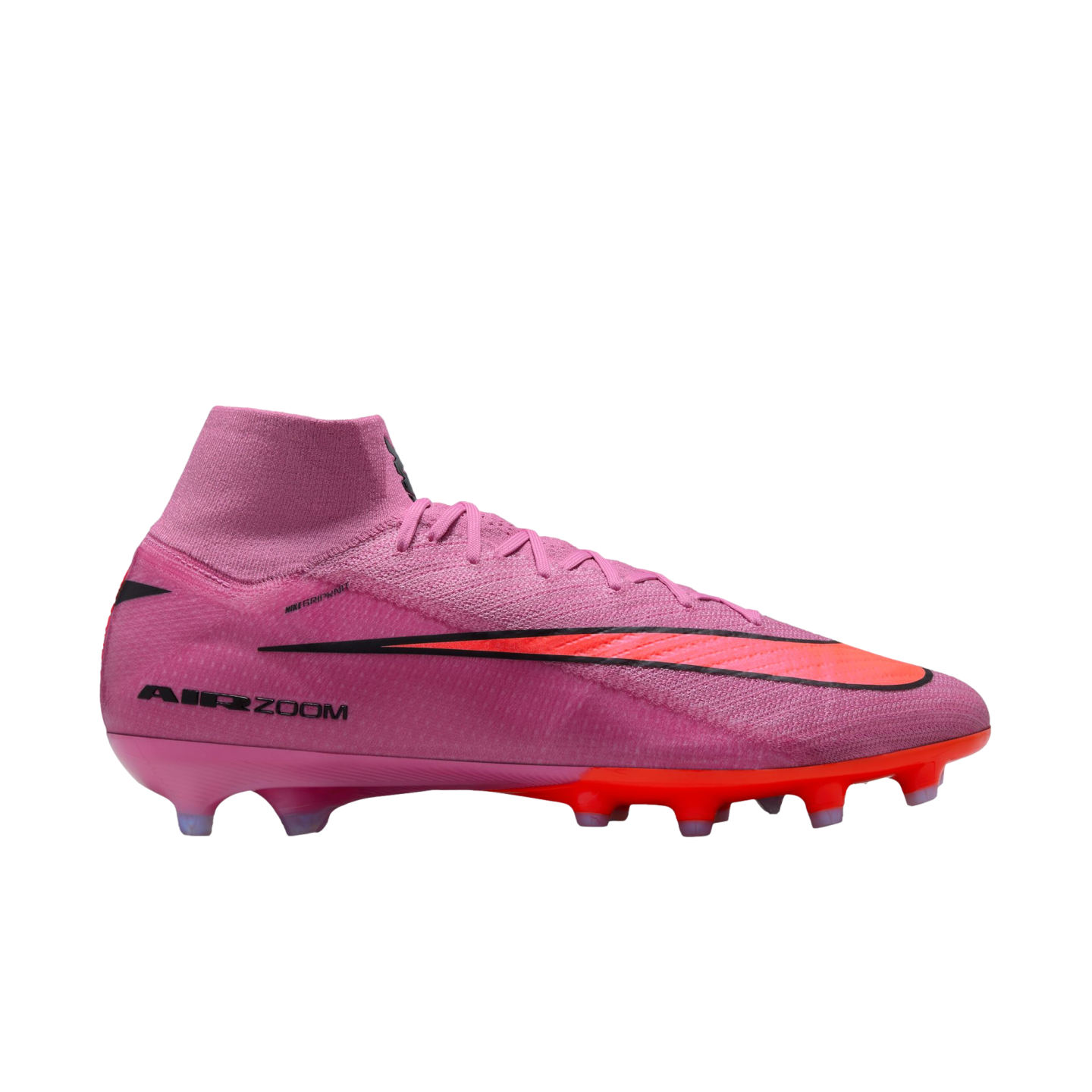 Profile view of a pink Nike Air Zoom Mercurial Superfly soccer cleat with orange accents and a high-top collar, shown on a black background.