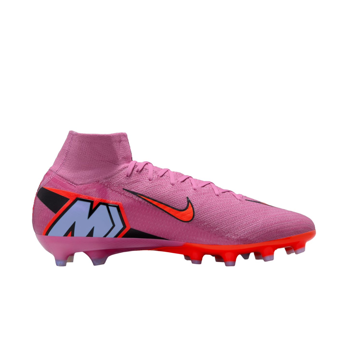 Pink Nike Mercurial soccer cleat with orange swoosh, large blue 'M' logo on the heel, and high-top collar, set against a black background.