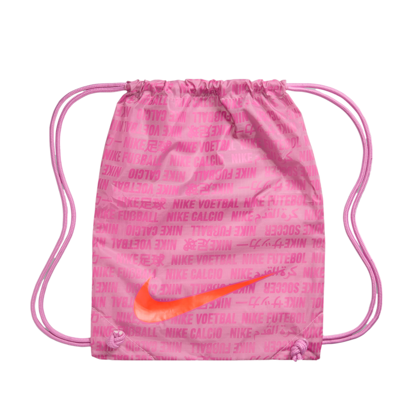 Pink Nike drawstring backpack with a repeat pattern of "soccer" in different languages and a large orange Nike swoosh.