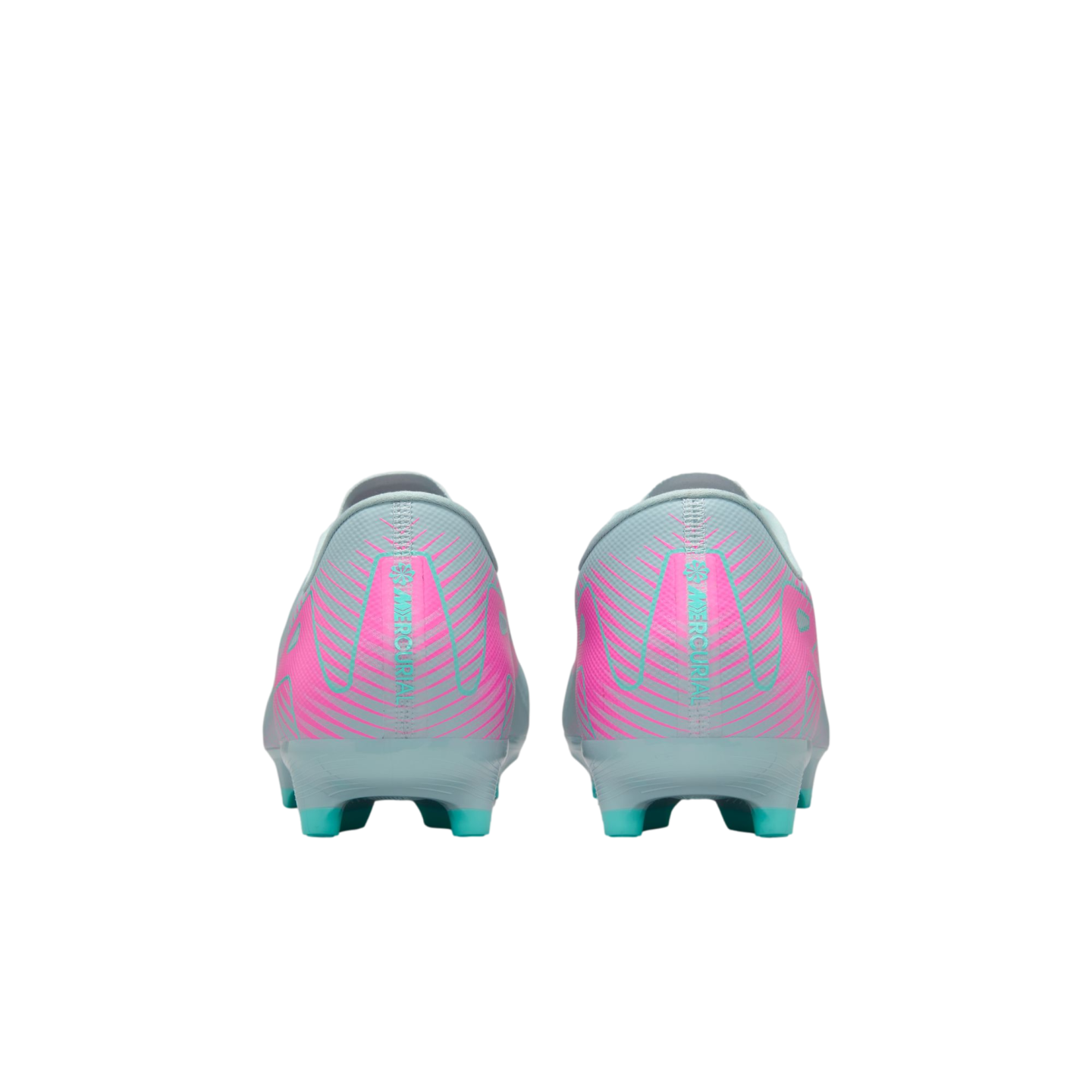 Rear view of light grey Nike Mercurial soccer cleats featuring vibrant pink graphics and teal studs.