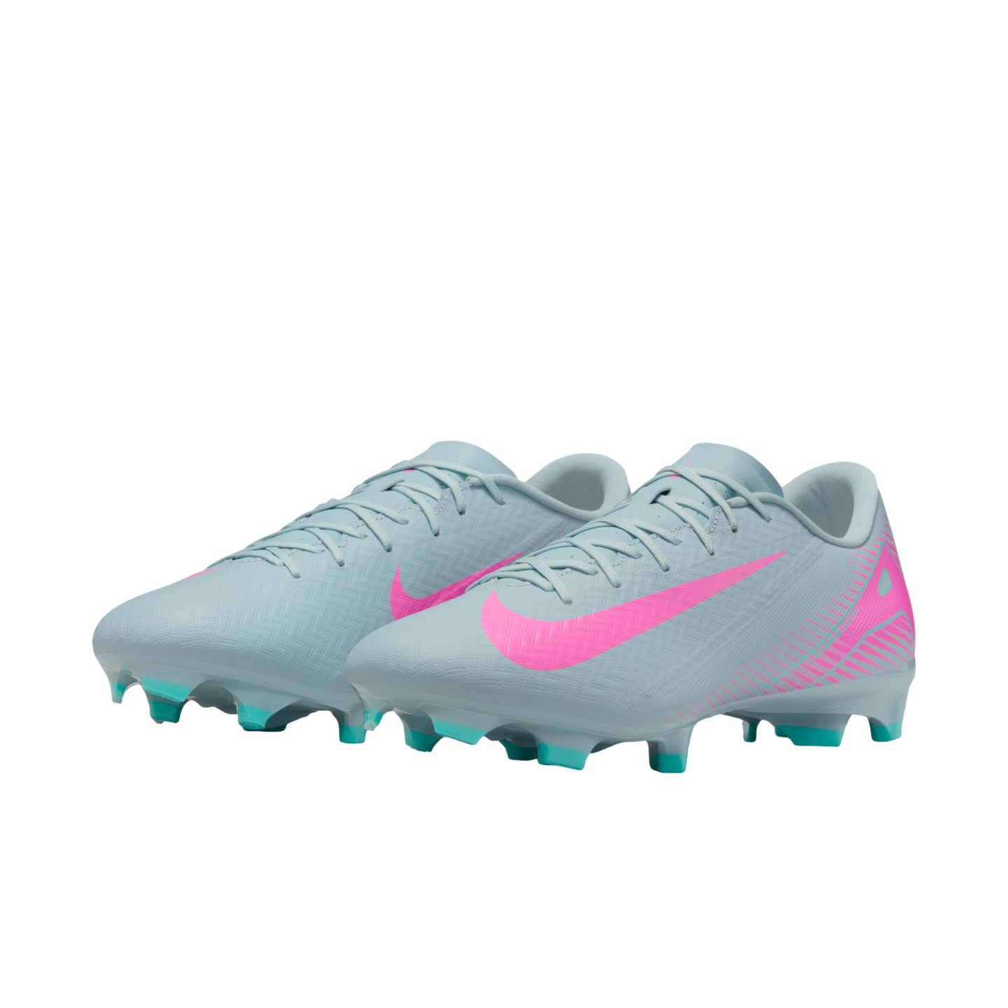 Light blue Nike soccer cleats featuring a bright pink swoosh and teal studs on a solid white background.