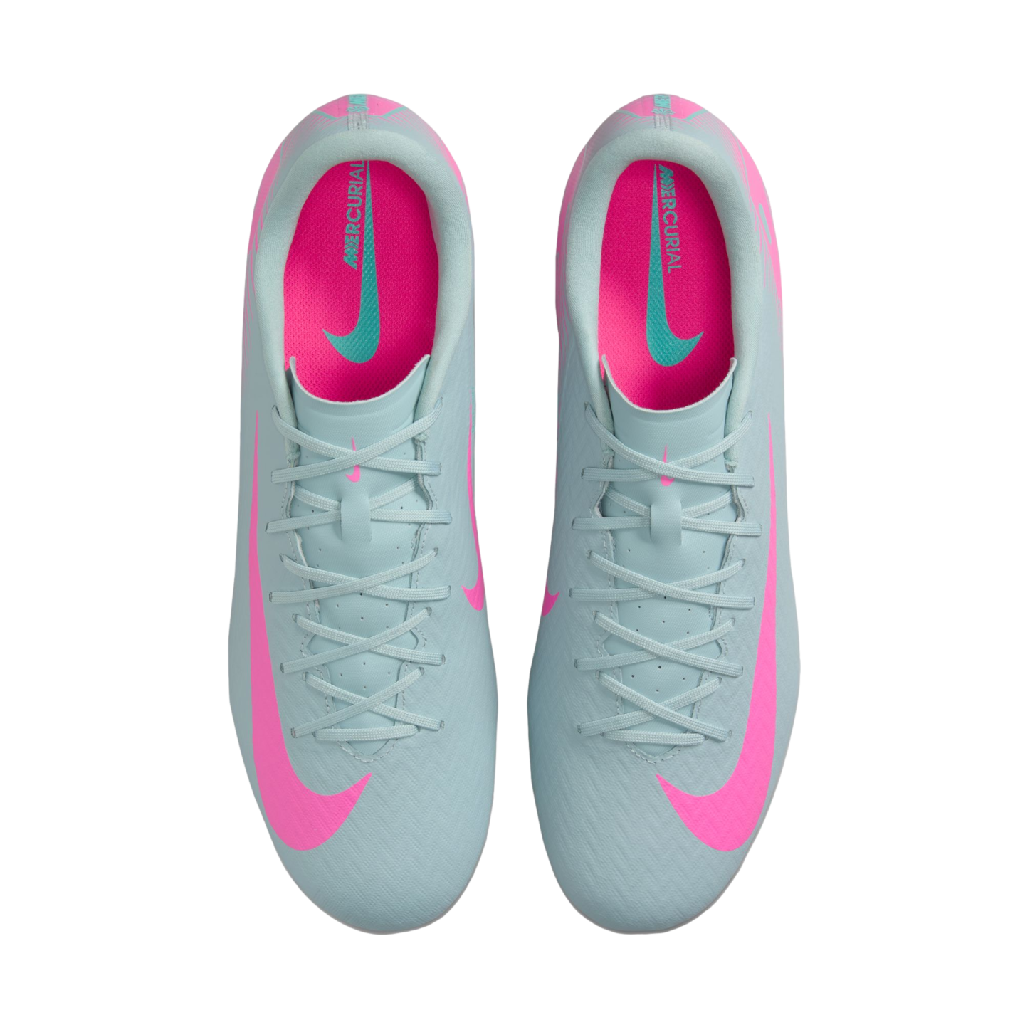 Top-down view of light blue Nike Mercurial soccer cleats with vibrant pink swooshes and interiors.