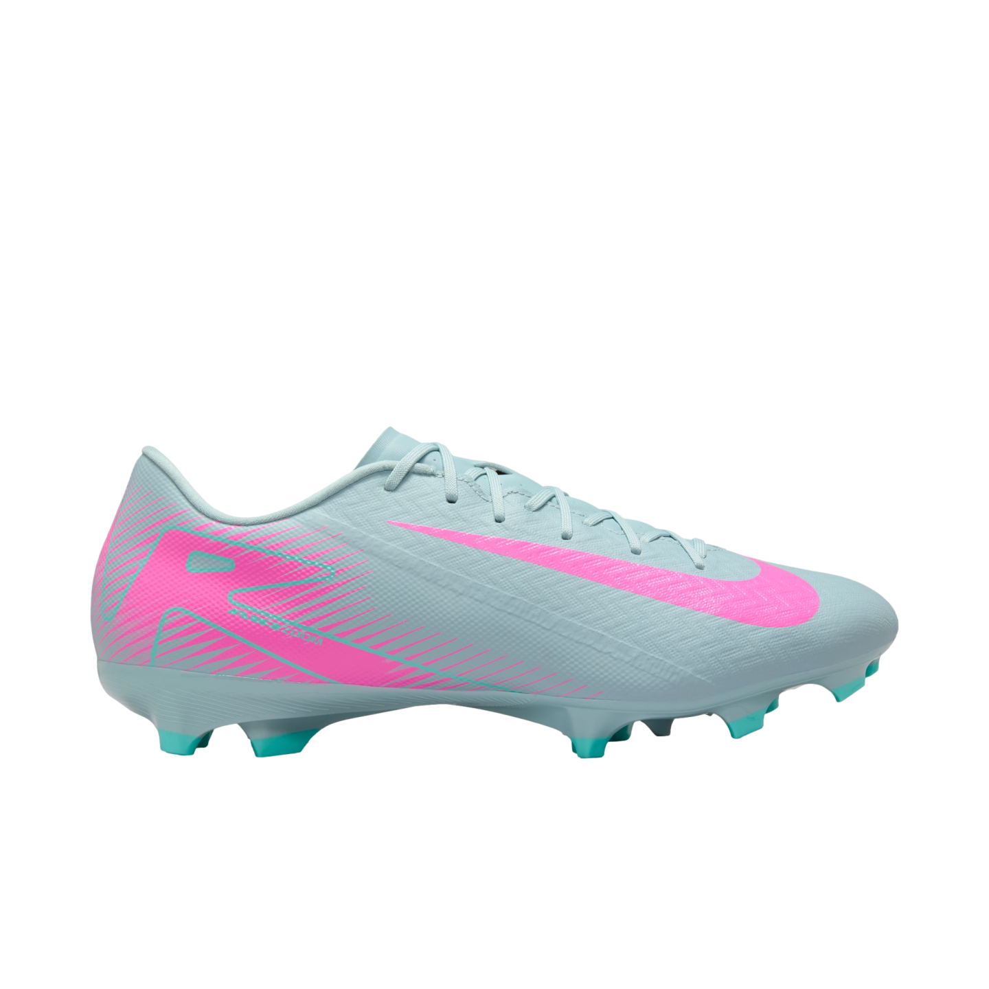 Light blue Nike Mercurial football boot featuring a pink swoosh and heel graphic, with turquoise studs.