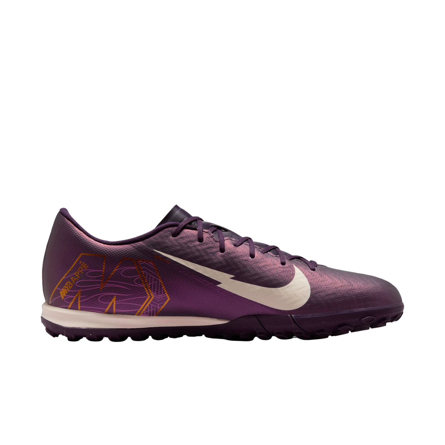Purple iridescent Nike Mercurial Mbappé turf soccer shoe with a white swoosh and graphic "M" logo, viewed from the side on a white background.