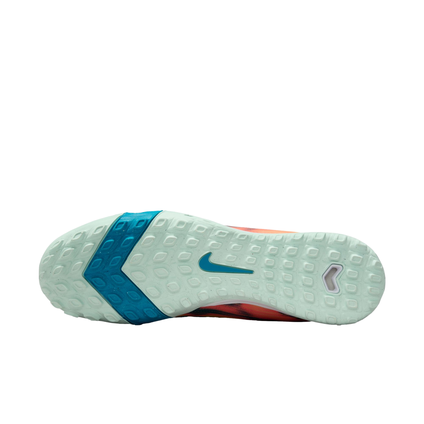 Bottom view of a Nike athletic shoe's mint green textured sole, featuring a blue chevron pattern and a teal swoosh logo.