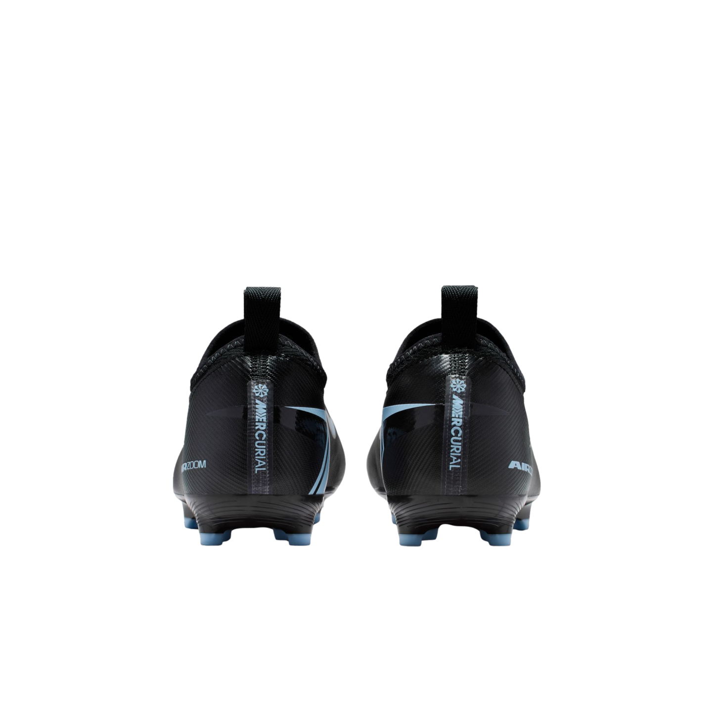 Rear view of two black Nike Mercurial soccer cleats with light blue accents and studs, set against a solid black background.