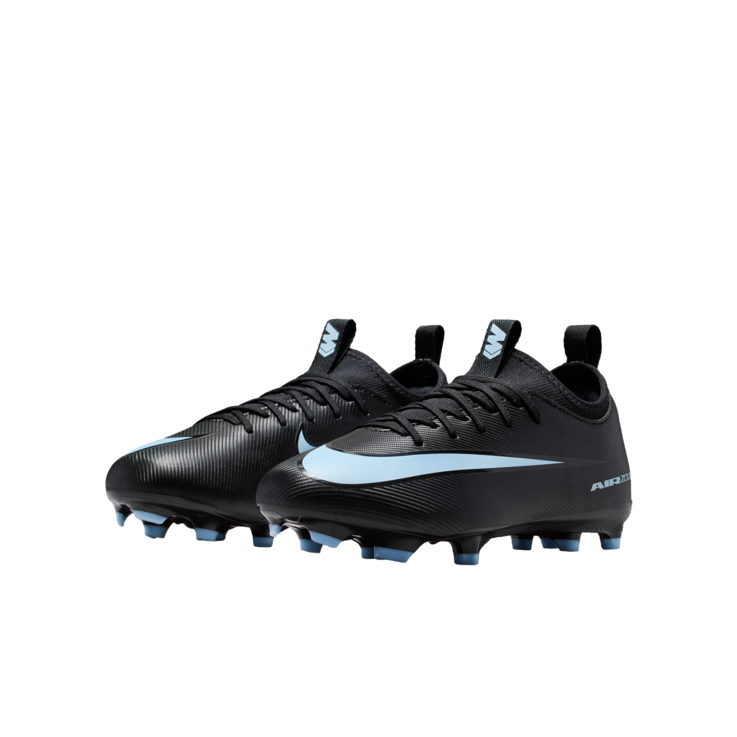 A pair of black Nike Mercurial soccer cleats with light blue accents on the Swoosh and studs, set against a black background.
