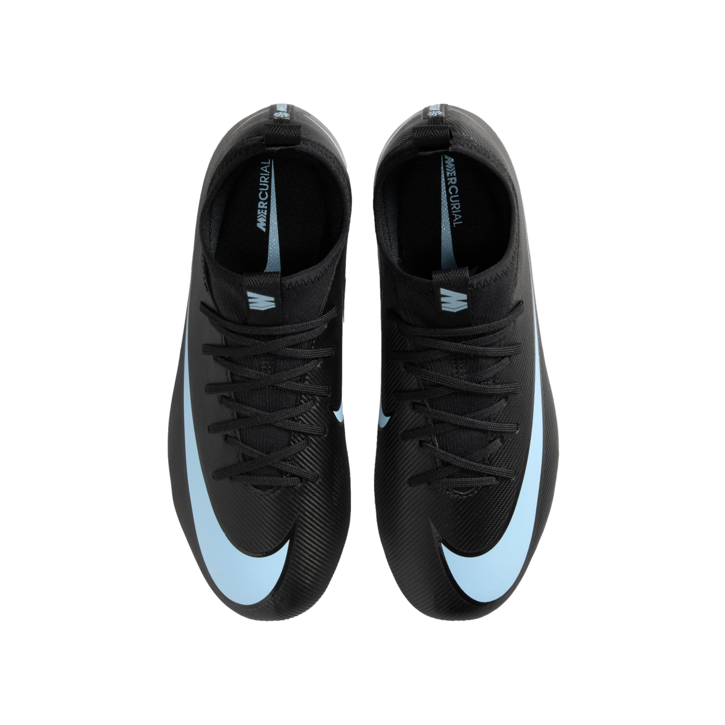 Top-down view of black Nike Mercurial soccer cleats with light blue swooshes, set against a solid black background.