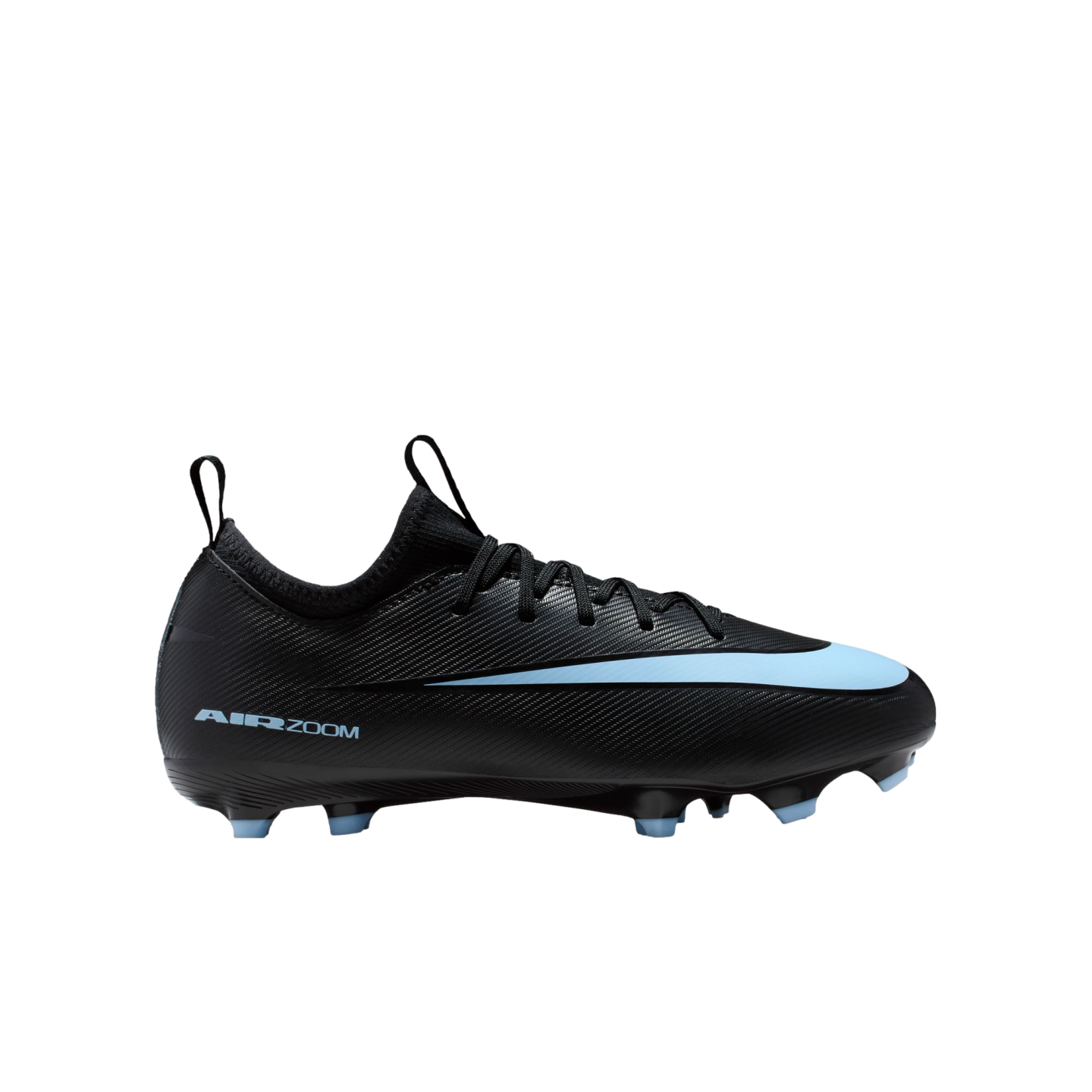 Side view of a black Nike Air Zoom soccer cleat with a light blue swoosh and matching light blue studs on a black background.