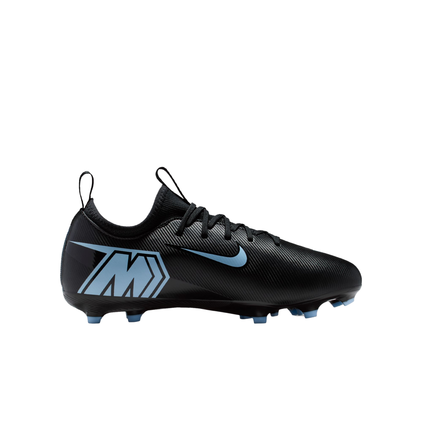 Side view of a black Nike Mercurial soccer cleat with light blue accents and a large "M" logo on the heel, set against a solid black background.