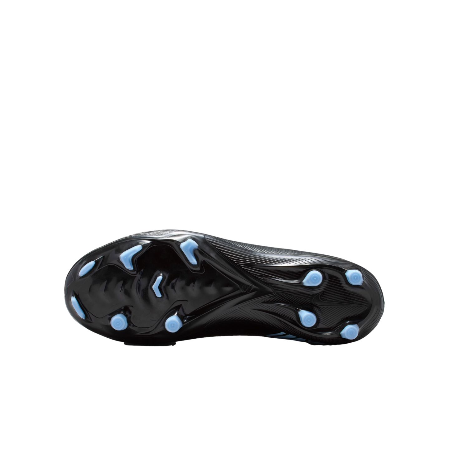 Bottom view of a black Nike soccer cleat with light blue molded studs on a black background.