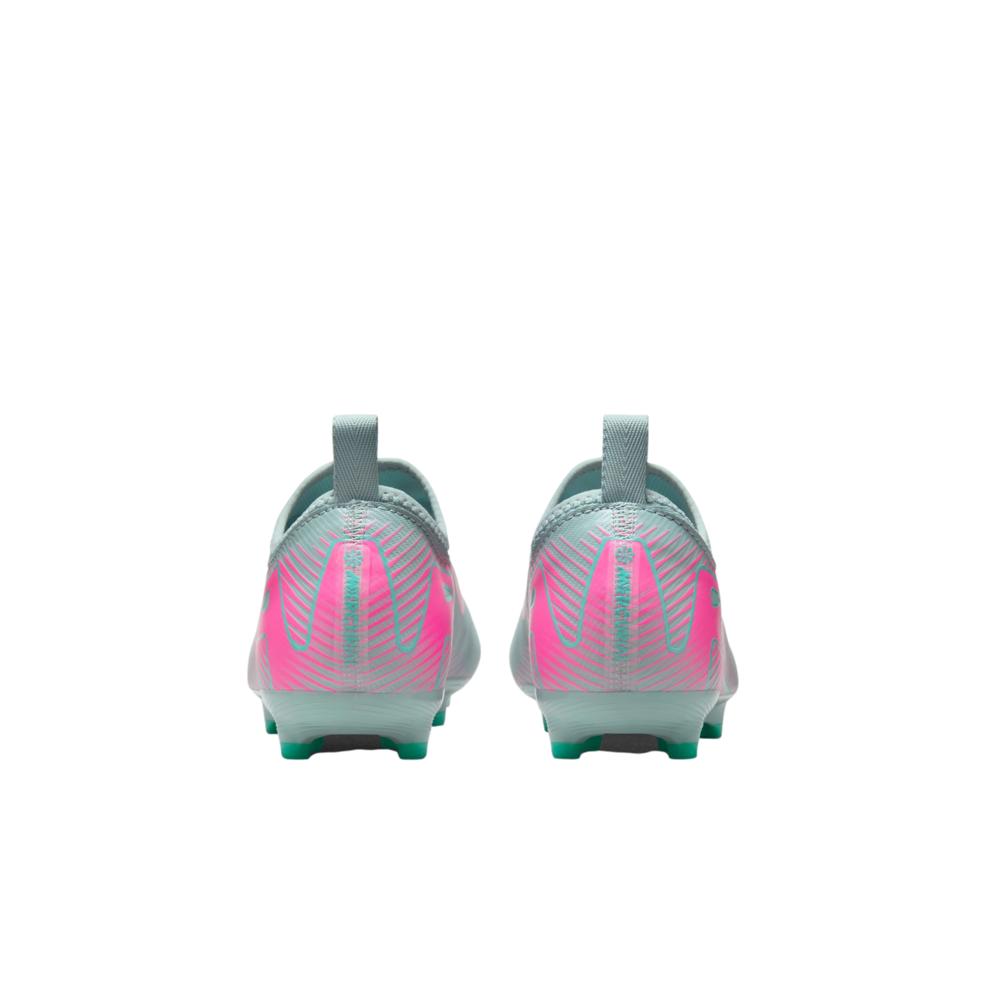 Rear view of a pair of light blue and pink Nike Mercurial soccer cleats with green studs on a white background.
