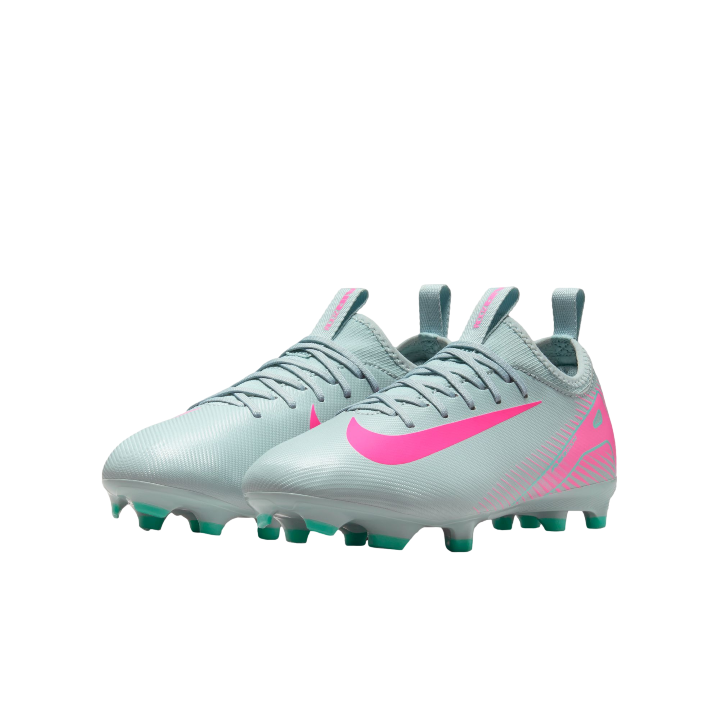 A pair of light blue Nike soccer cleats with a bright pink swoosh and green studs, shown on a plain white background.
