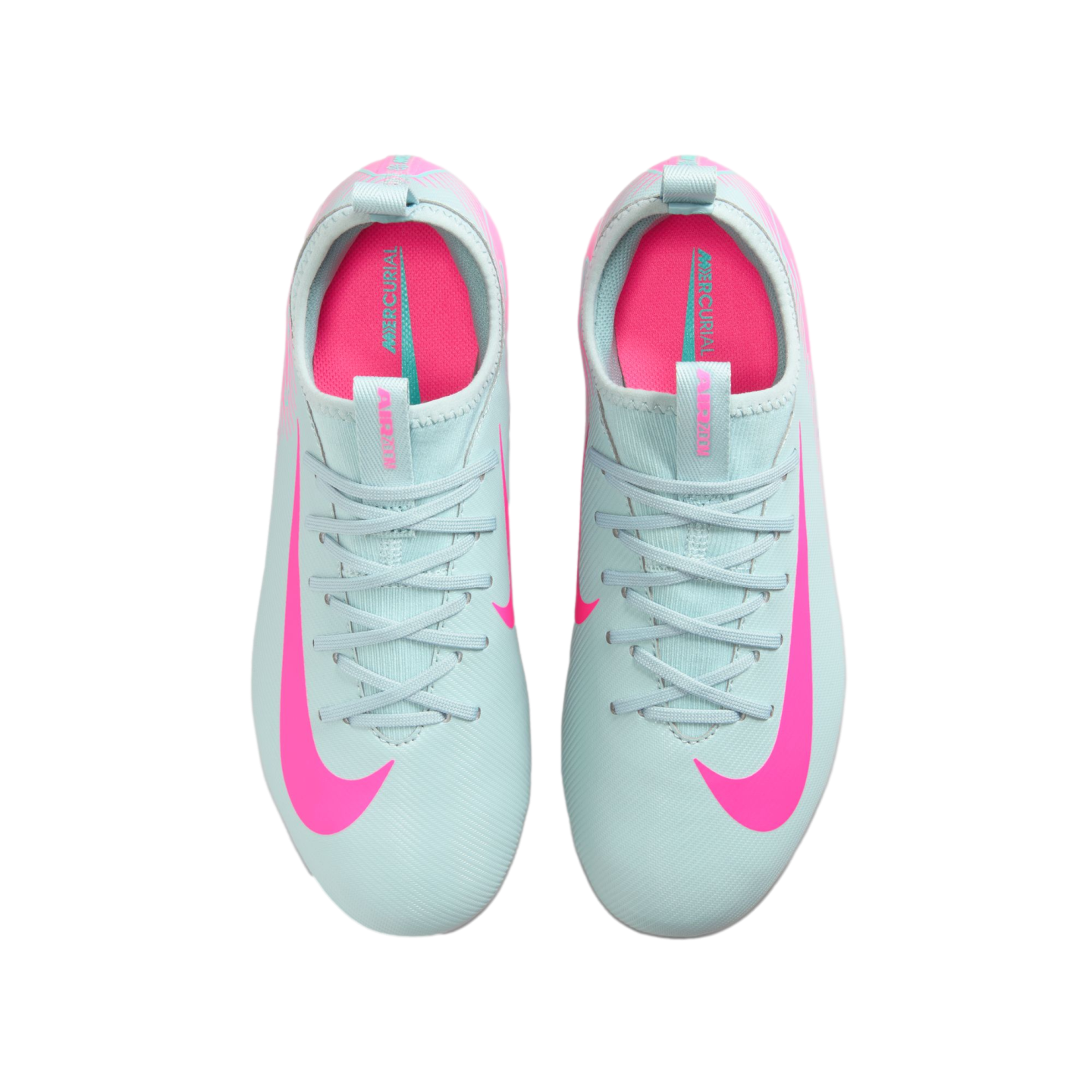 Top-down view of light blue Nike Mercurial soccer cleats with bright pink swooshes and interiors.
