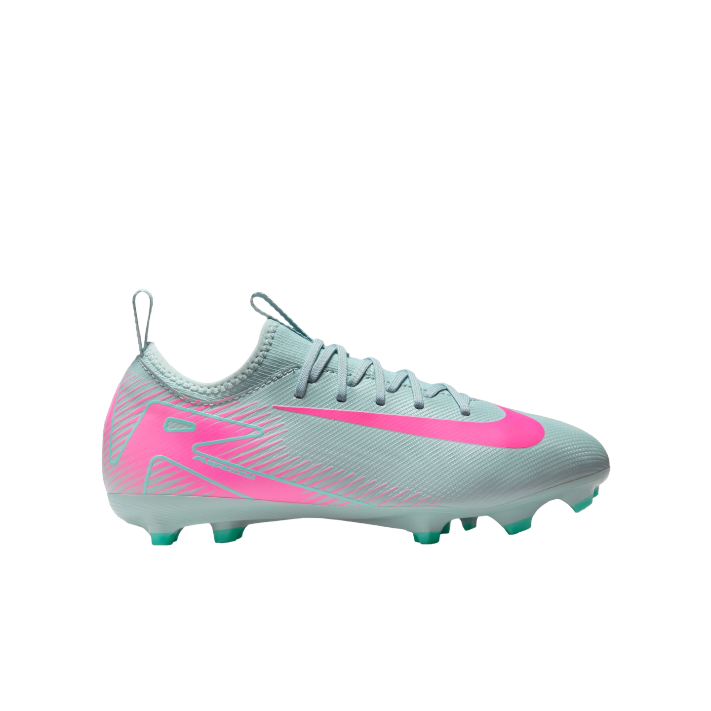 Light blue Nike soccer cleat with a pink swoosh and geometric patterns, featuring green-tipped studs, shown from a side profile against a white background.