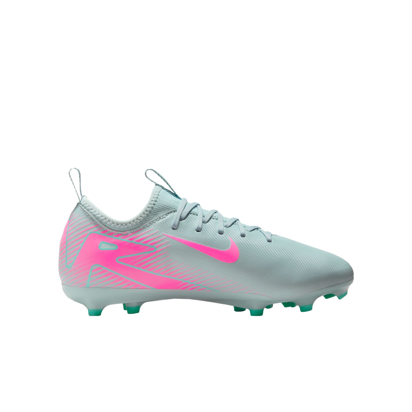 Side profile of a light teal Nike soccer cleat featuring a bright pink Swoosh and graphic heel pattern, with light green studs on the sole.
