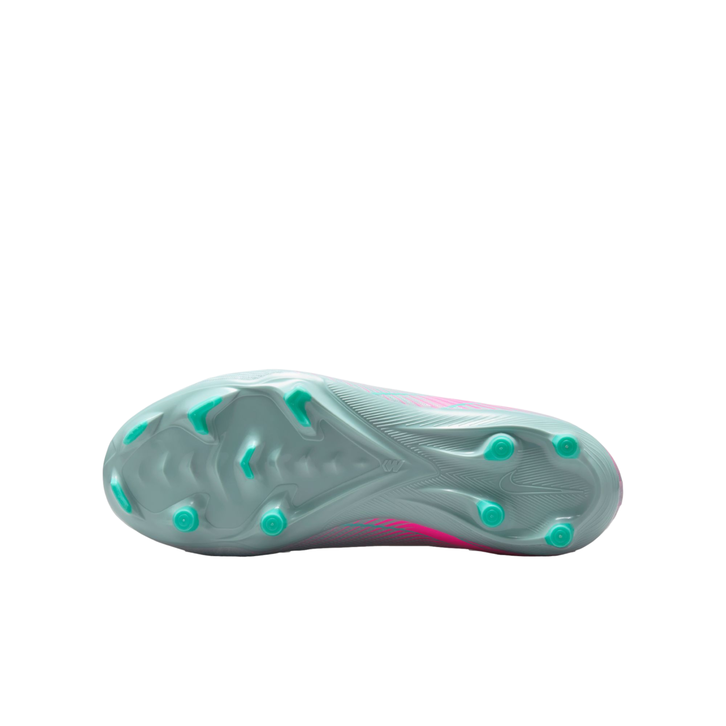 The bottom of a light blue Nike soccer cleat, featuring bright teal studs and pink accents on a plain white background.